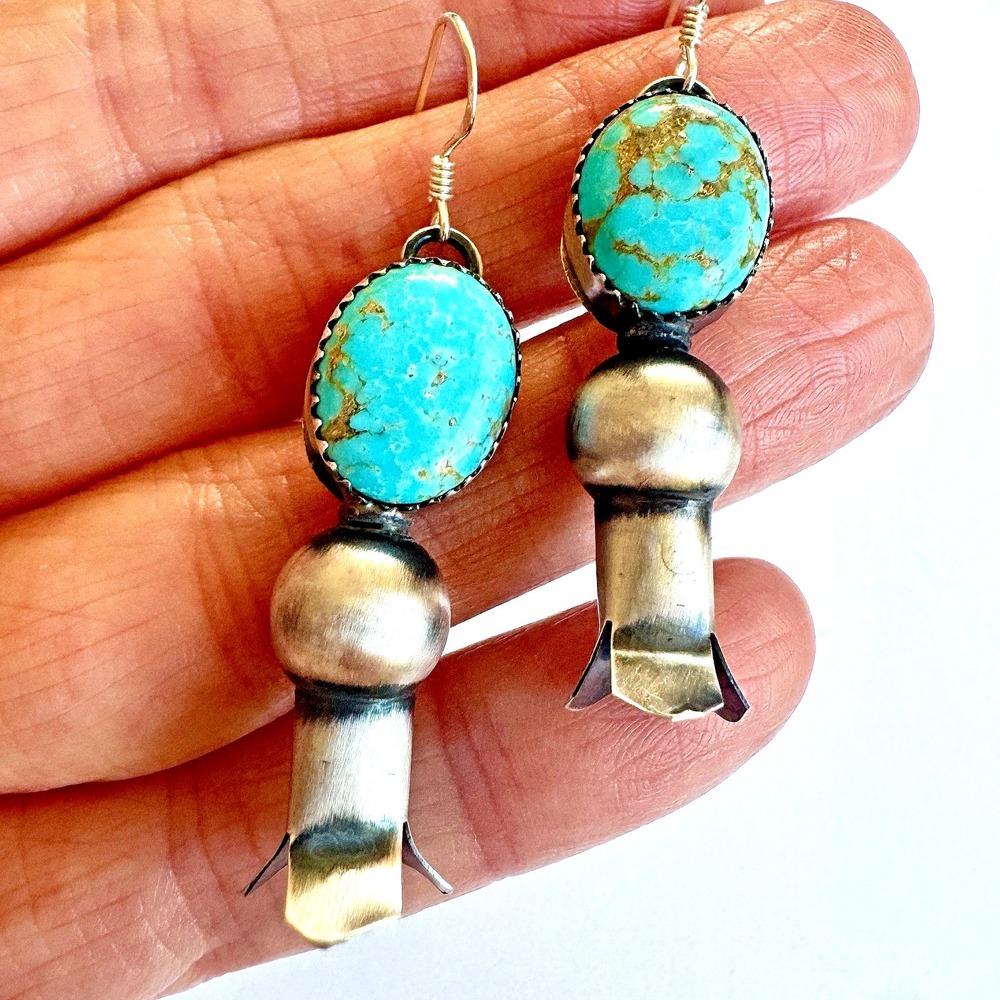 Navajo Squash Blossom Turquoise Earrings 925 Matte Hook Naja Signed T3